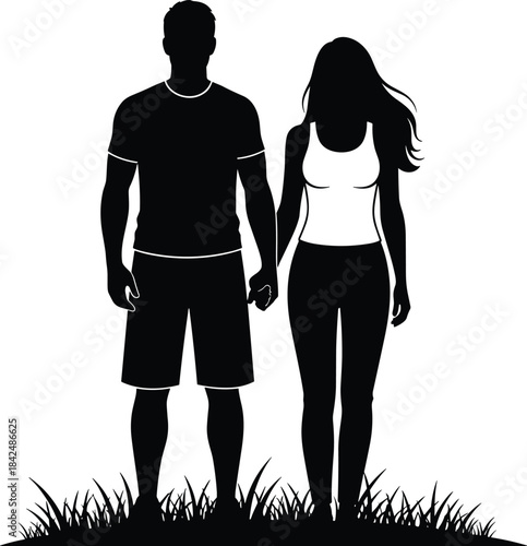 Stylized black and white vector graphic of an attractive young heterosexual couple holding hands, symbolizing connection, dating, and enduring commitment illustration