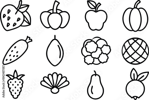 Black and white line of fruits and vegetables strawberry