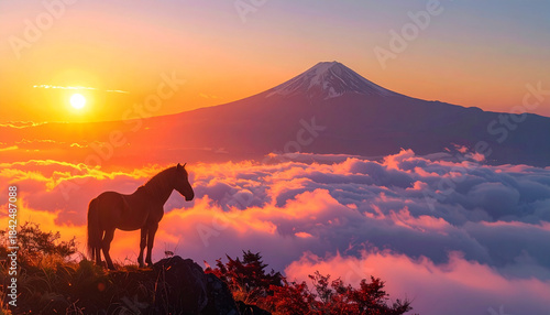 富士山の日の出と馬のシルエット,午年イメージ,　AI生成画像