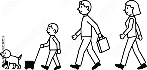 Minimalist line of people and dog walking child