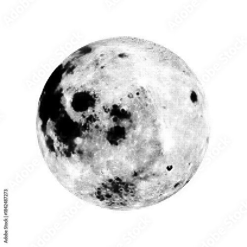 Halftone full moon illustration in black and white. Vintage dot texture lunar surface isolated on white background, celestial space concept for astronomy, science, night sky and retro design.