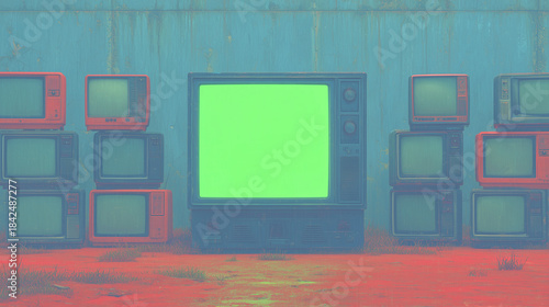 Retro Media Intro Mockup with Green Screen Television, Red and Black Framed Screens in Abandoned Studio, Broadcast Program Opening Background