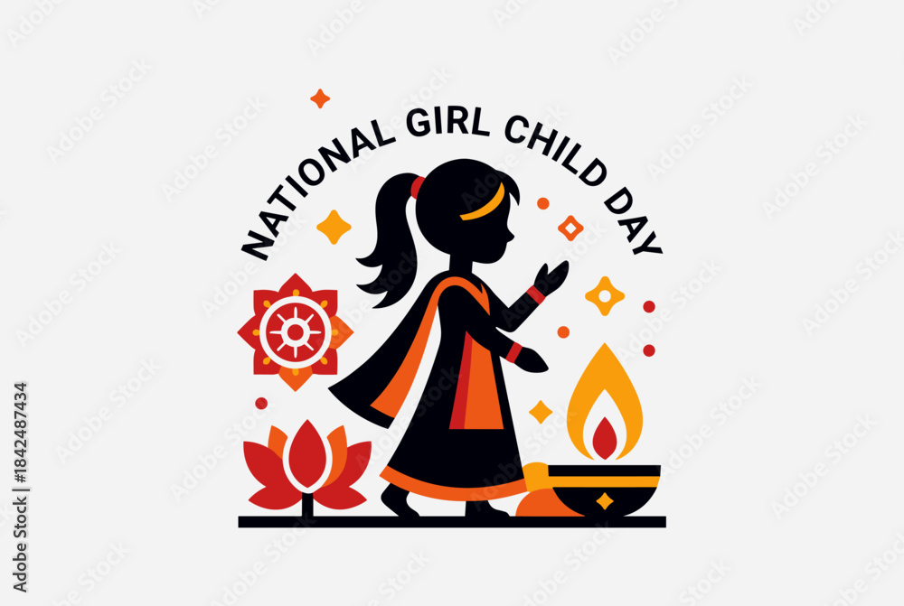 Obraz premium Illustration celebrating National Girl Child Day with a girl figure, a lotus flower, and light, promoting gender equality and empowerment for girls