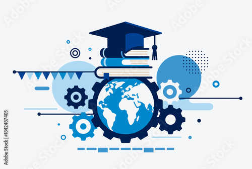 Design symbolizing global education and learning with books, gears, and the Earth, emphasizing education's role in global progress
