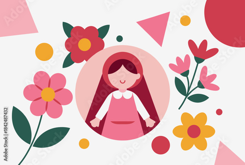A colorful illustration featuring a young girl surrounded by flowers, symbolizing beauty, nature, and femininity
