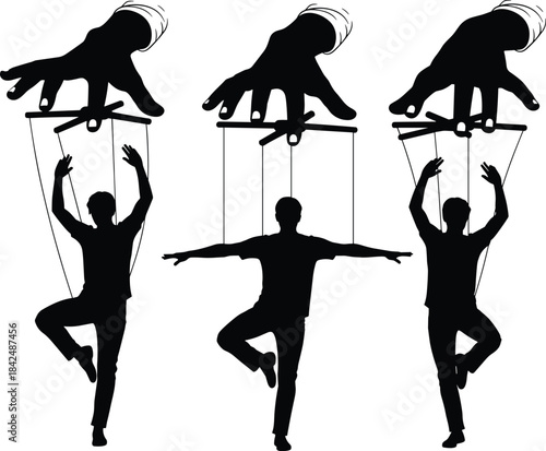 Control and Manipulation Concept: Silhouettes of Men Suspended as Marionettes or Puppets, Symbolizing Slavery, Dependence, Mind Control, and Authoritarianism Over Free Will Vector Illustration