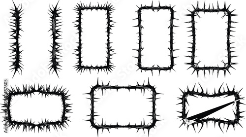 Spiky thorn frame vector collection featuring sharp edgy borders, gothic decorative outlines, grunge design elements, isolated black silhouettes for dark themed illustration projects
