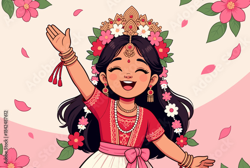 Joyful cartoon illustration of a young girl in traditional attire with a floral crown, surrounded by pink flowers and petals.