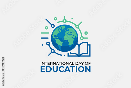 A vector illustration for International Day of Education, featuring a globe, interconnected lines, and an open book, symbolizing global learning and knowledge.