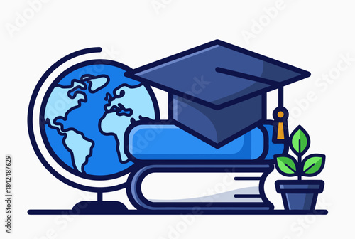 Illustration of a globe, graduation cap, stack of books, and a small plant, symbolizing education and global learning.