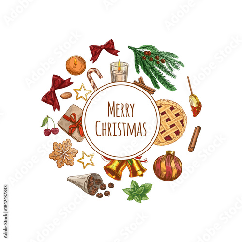 Hand drawn vintage Christmas circle with holiday pie, gifts, fir tree and sweets in warm festive color
