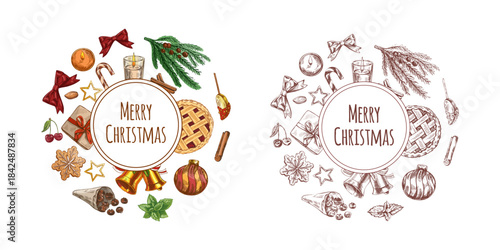 Hand drawn vintage sketch of christmas circle with colored and monochrome food decor and gifts, isolated vector illustration