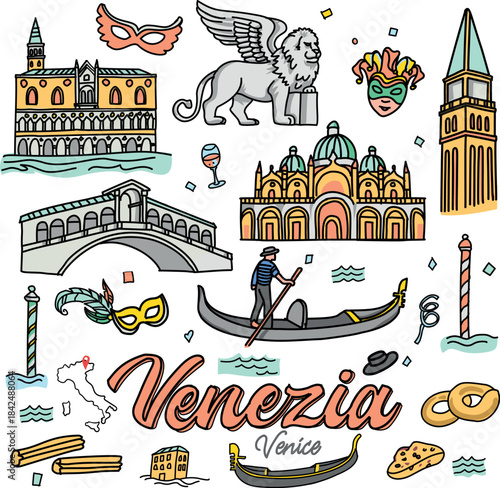 Venice Italy doodle city illustration design set. vector illustration