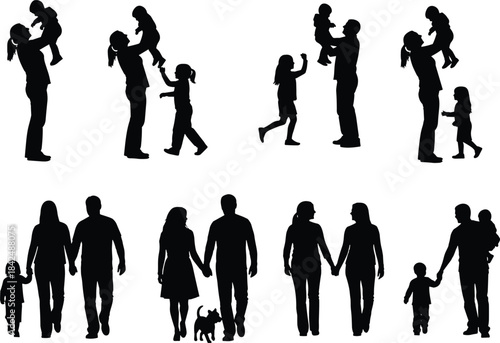 Family silhouette vector set, parent child interaction icons, bonding moment shapes, black flat illustration, cad drawing flat vector illustration