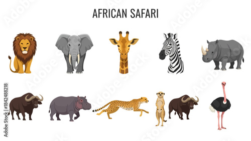 African safari animals depicted in a cartoon style on a white background