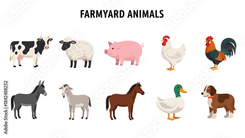 Cartoon farmyard animals displayed in two horizontal rows on a white background