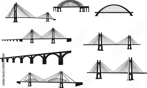 Bridge silhouette vector set, architectural structure icons, engineering design shapes, black flat illustration, cad drawing flat vector illustration