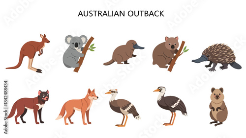 Flat illustration of ten Australian outback animals against a white background