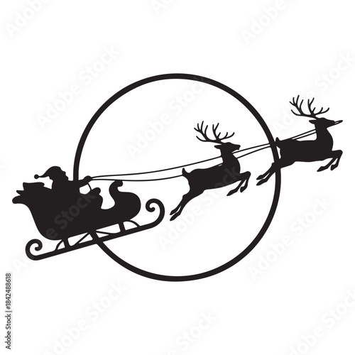 Silhouette of santa claus in a sleigh pulled by reindeer against a large circular moon