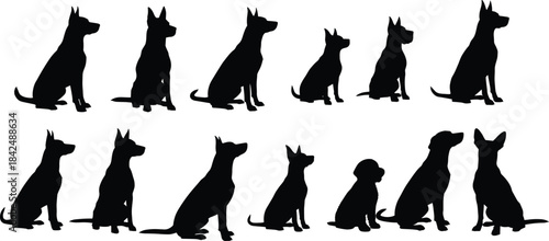 Dog silhouette vector set, sitting pose icons, visual puzzle shape, black flat illustration, cad drawing flat vector illustration