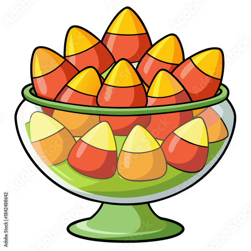 A glass bowl filled with colorful halloween candy corn