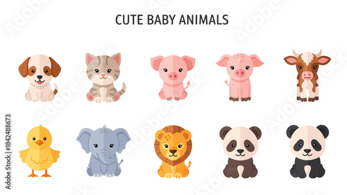 Ten flatdesign cute baby animals arranged in two horizontal rows