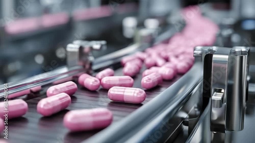 Pink pills on a conveyor belt in a pharmaceutical production line.