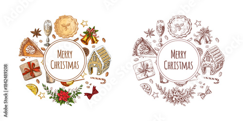 Hand drawn vintage sketch of christmas circle with color and monochrome holiday treats and gingerbread house, vector illustration