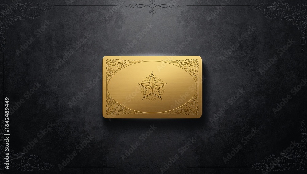 Fototapeta premium Floating polished gold plaque hovering on studio backdrop, showing five-pointed star and filigree