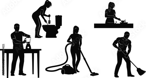 Household chore silhouette vector set, domestic task icons, cleaning cooking shapes, black flat illustration, cad drawing flat vector illustration