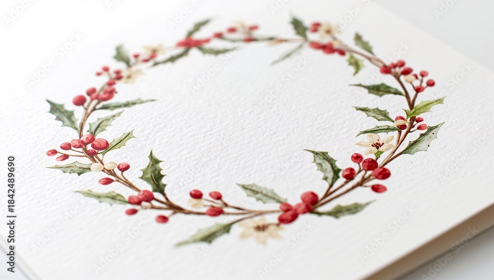 Obraz premium Displaying painted circular watercolor wreath sitting centered on textured paper, with brushstrokes