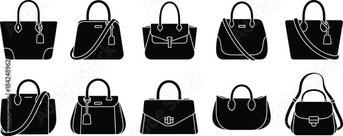 Handbag silhouette vector set, fashion purse icons, stylish bag shapes, black flat illustration, cad drawing flat vector illustration