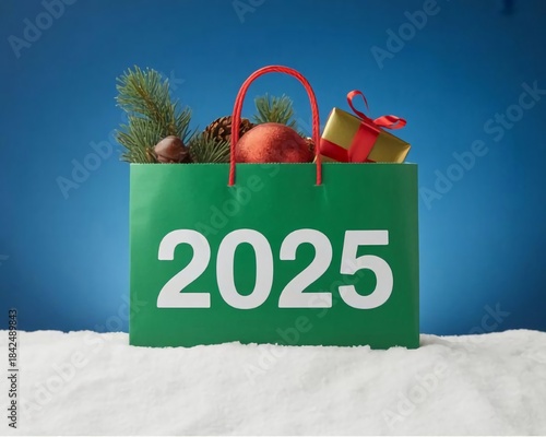 Green christmas present bag with sign 2020 on snow over blue background
