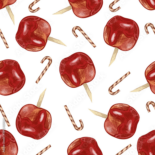 Hand drawn vintage seamless pattern of red candy apples and christmas striped cane on white background, vector illustration