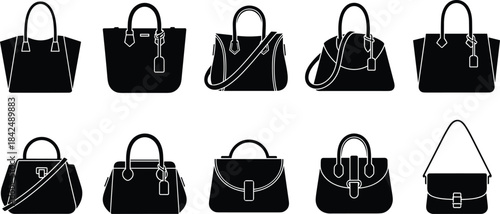 Handbag silhouette vector set, fashion accessory icons, stylish bag shapes, black flat illustration, cad drawing flat vector illustration