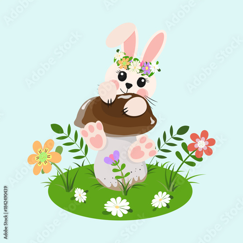 Cute Baby Bunny and Summer Mushroom Illustration