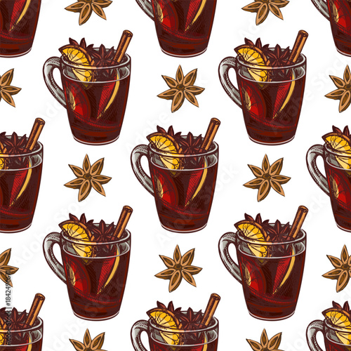 Hand drawn vintage seamless pattern of mulled wine with orange slices, cinnamon and star anise, vector illustration