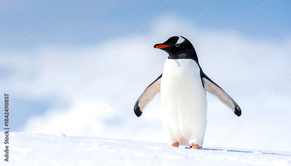Naklejka premium Gentoo Penguin Standing on Snow in Antarctica.