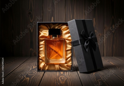 Luxurious amber colored perfume bottle presented in an open black gift box with satin lining on a dark wooden surface