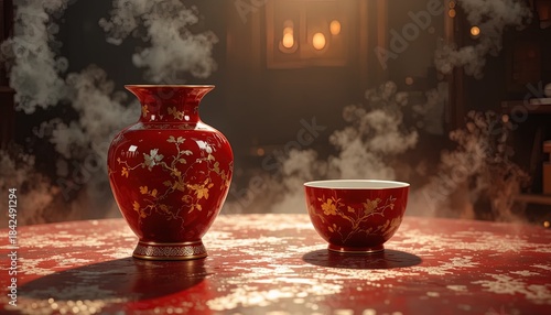 Set vas dan mangkuk merah elegan dengan desain bunga emas, menciptakan suasana tenang dan tradisional, sempurna untuk proyek budaya atau dekoratif.