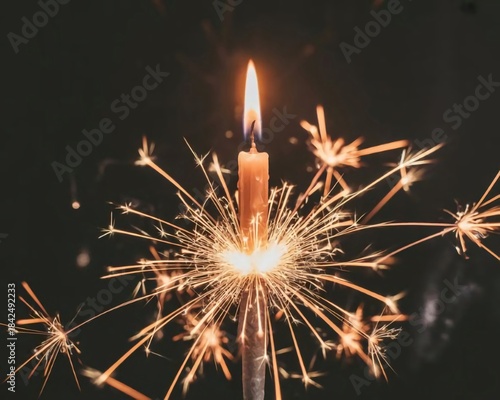 Bengal candle sparkler burning on black background. Fountain cake firework sparkling in the dark. Closeup