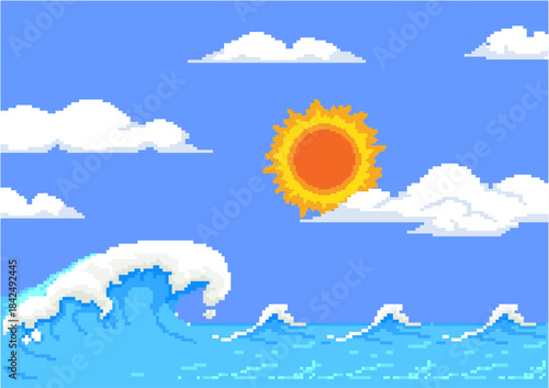 Pixel-art seascape with a curling ocean wave, bright sun, and fluffy clouds in a blue sky—retro summer beach vibe.