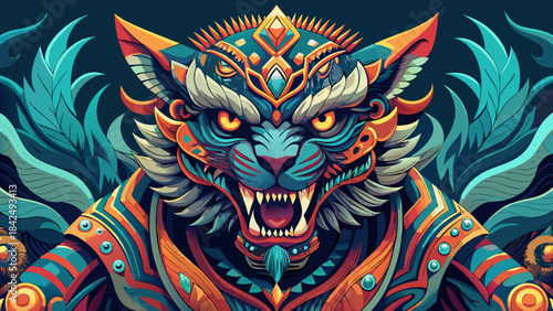 Very beautiful stylized depiction of a fierce shape-shifting creature from ancient epics, featuring ornate patterns, sharp claws, dramatic expression, and balanced vector composition ideal for fantasy