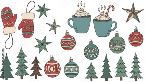 Christmas Mittens Hot Chocolate Ornaments Trees Stars Hand-drawn Doodle Vector Set Isolated