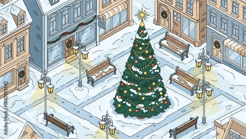 Christmas Tree Decorated in Snowy Town Square Isometric Winter Illustration