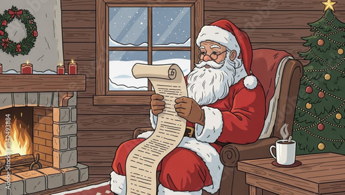 Santa Claus Reading Long List by Warm Fireplace in Cozy Christmas Cabin Illustration