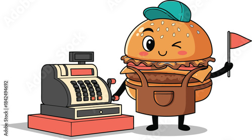 Cute burger character with cash register vector illustration for fast food business concept