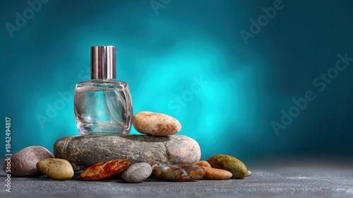 Perfume bottle surrounded stones on turquoise background