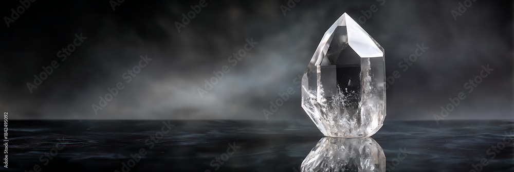 Obraz premium Clear quartz crystal with mystical smoke on dark background - spiritual healing gemstone meditation and metaphysical energy concept