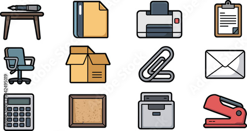 Office supplies icons pen chair printer paper box stapler calculator stationery desk